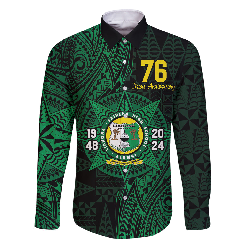 Personalised Tonga Liahona High School 76th Anniversary Family Matching Long Sleeve Bodycon Dress and Hawaiian Shirt Special Kupesi Pattern LT9 Dad's Shirt - Long Sleeve Green - Polynesian Pride
