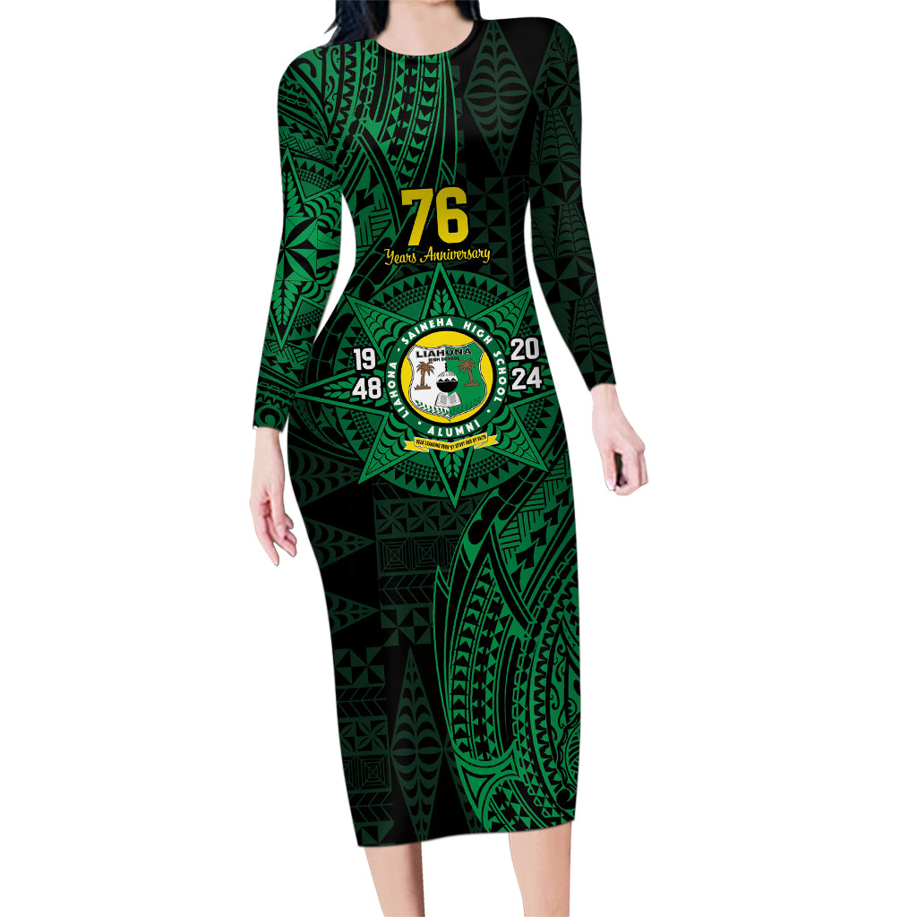 Personalised Tonga Liahona High School 76th Anniversary Family Matching Long Sleeve Bodycon Dress and Hawaiian Shirt Special Kupesi Pattern LT9 Mom's Dress Green - Polynesian Pride