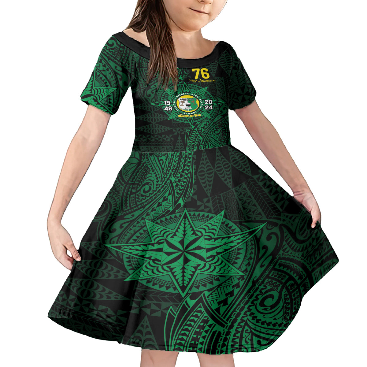 Personalised Tonga Liahona High School 76th Anniversary Family Matching Off The Shoulder Long Sleeve Dress and Hawaiian Shirt Special Kupesi Pattern LT9 Daughter's Dress Green - Polynesian Pride