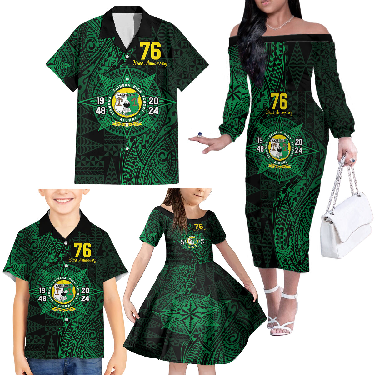 Personalised Tonga Liahona High School 76th Anniversary Family Matching Off The Shoulder Long Sleeve Dress and Hawaiian Shirt Special Kupesi Pattern LT9 - Polynesian Pride