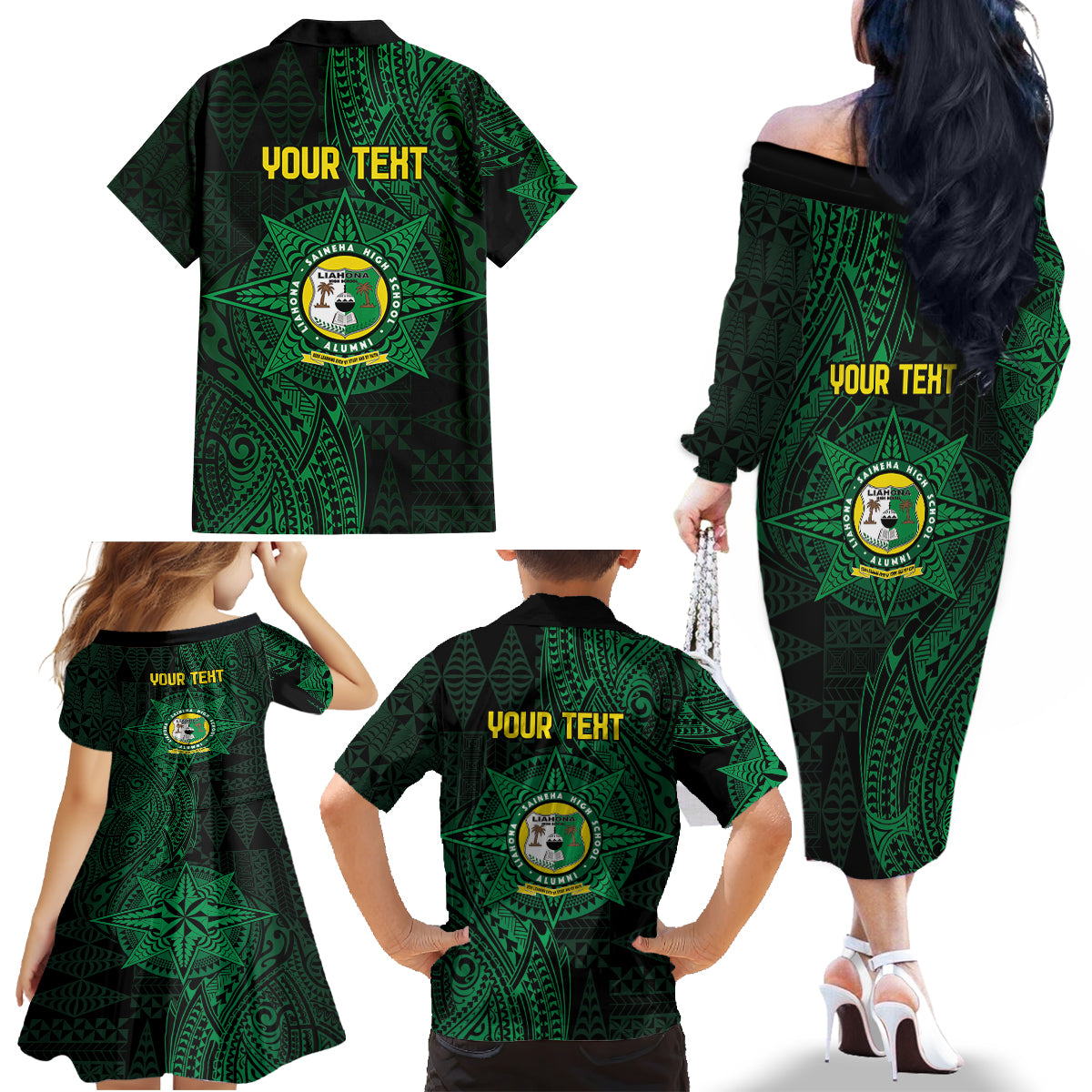 Personalised Tonga Liahona High School 76th Anniversary Family Matching Off The Shoulder Long Sleeve Dress and Hawaiian Shirt Special Kupesi Pattern LT9 - Polynesian Pride