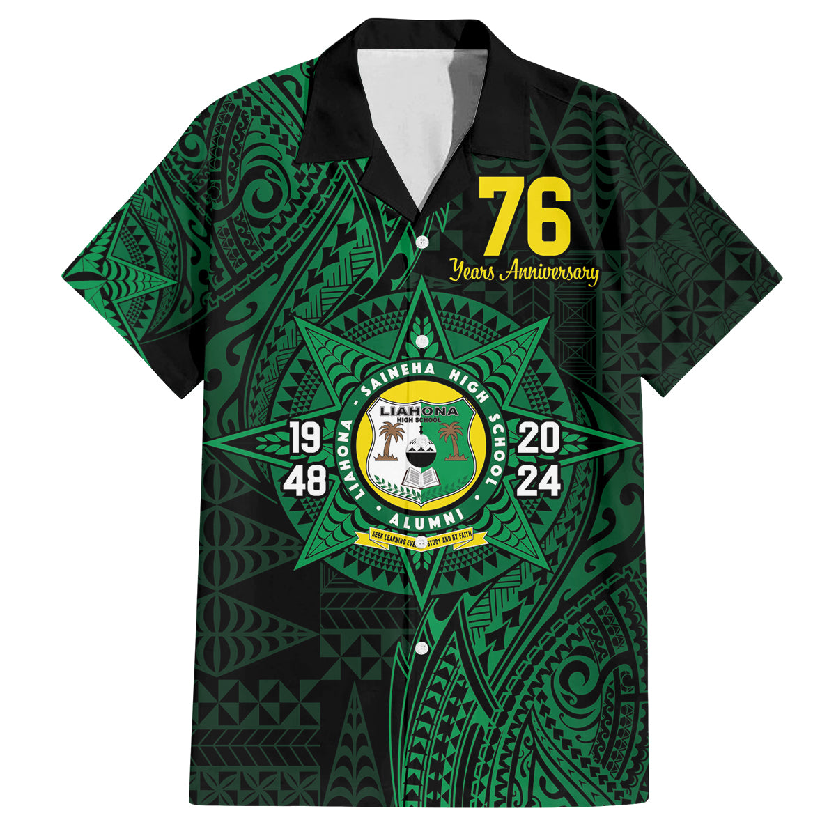 Personalised Tonga Liahona High School 76th Anniversary Family Matching Off The Shoulder Long Sleeve Dress and Hawaiian Shirt Special Kupesi Pattern LT9 Dad's Shirt - Short Sleeve Green - Polynesian Pride