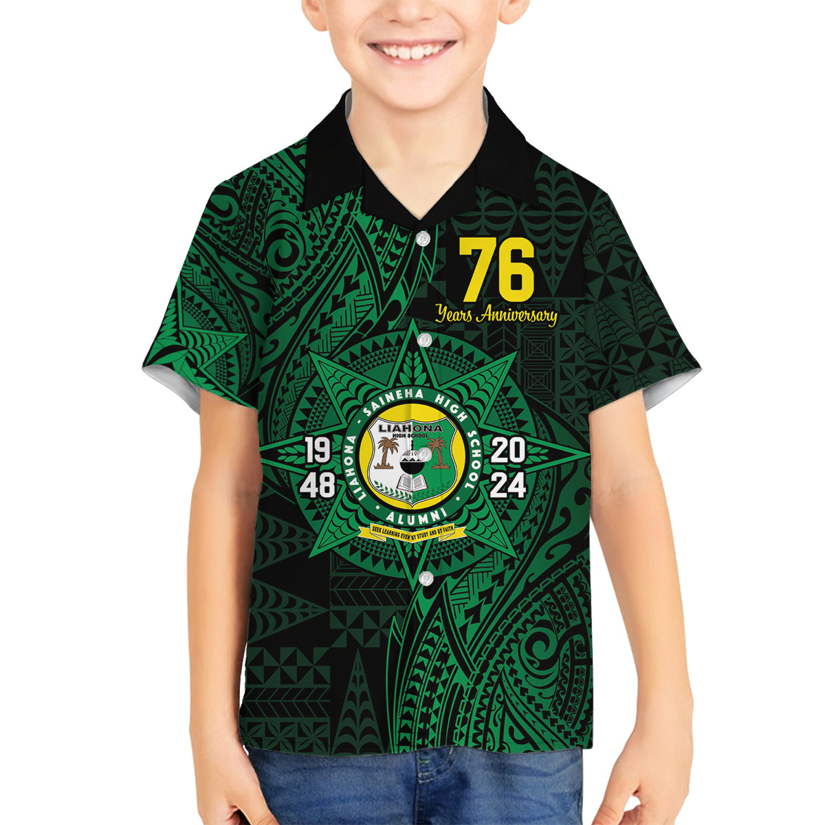 Personalised Tonga Liahona High School 76th Anniversary Family Matching Off The Shoulder Long Sleeve Dress and Hawaiian Shirt Special Kupesi Pattern LT9 Son's Shirt Green - Polynesian Pride