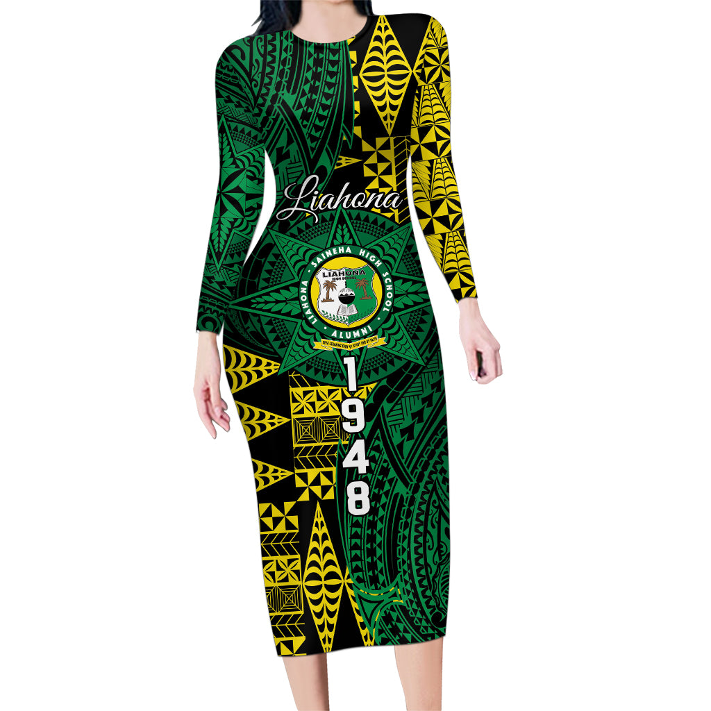 Personalised Tonga Liahona High School Family Matching Long Sleeve Bodycon Dress and Hawaiian Shirt Since 1948 Special Kupesi Pattern LT9 Mom's Dress Green - Polynesian Pride