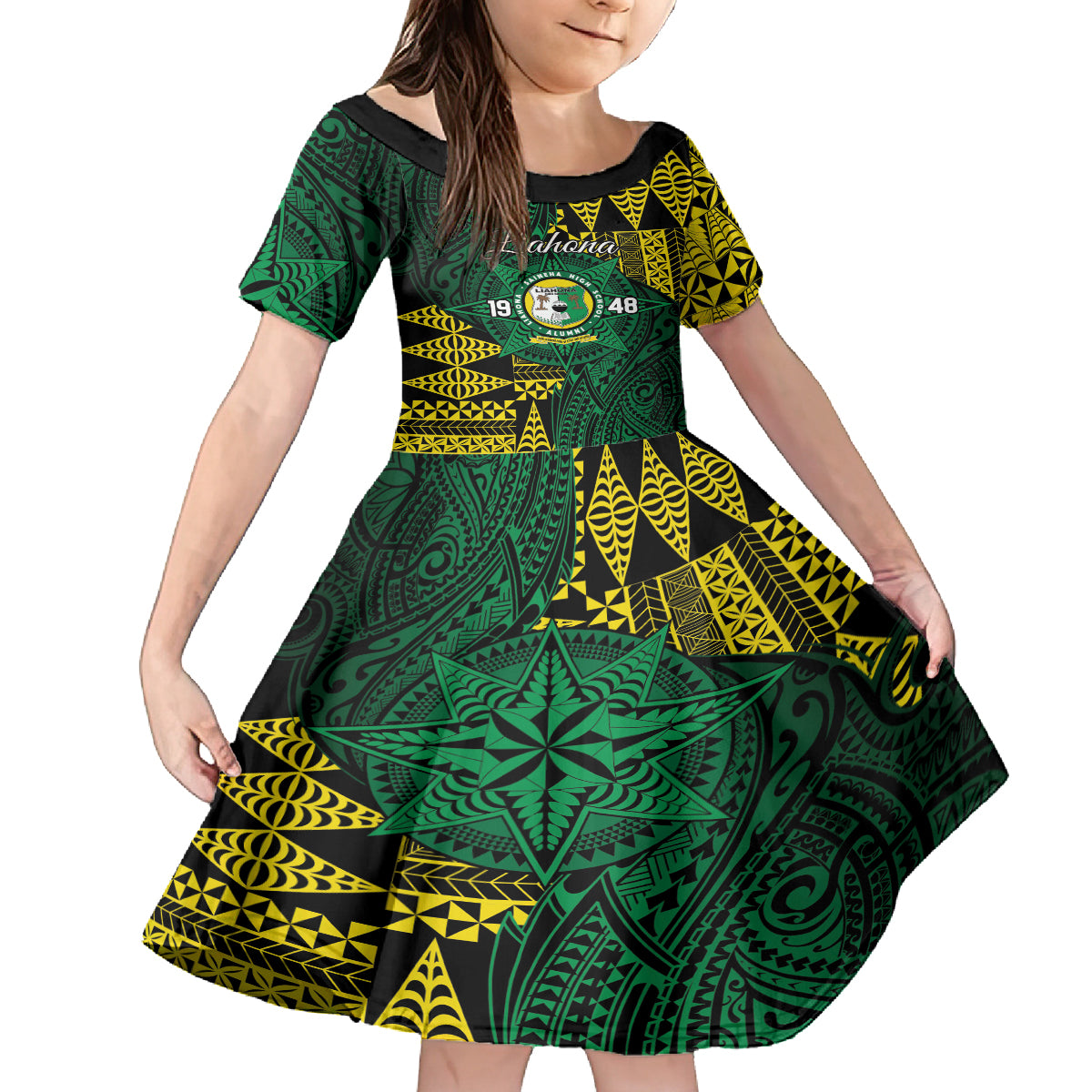 Personalised Tonga Liahona High School Family Matching Off The Shoulder Long Sleeve Dress and Hawaiian Shirt Since 1948 Special Kupesi Pattern LT9 Daughter's Dress Green - Polynesian Pride