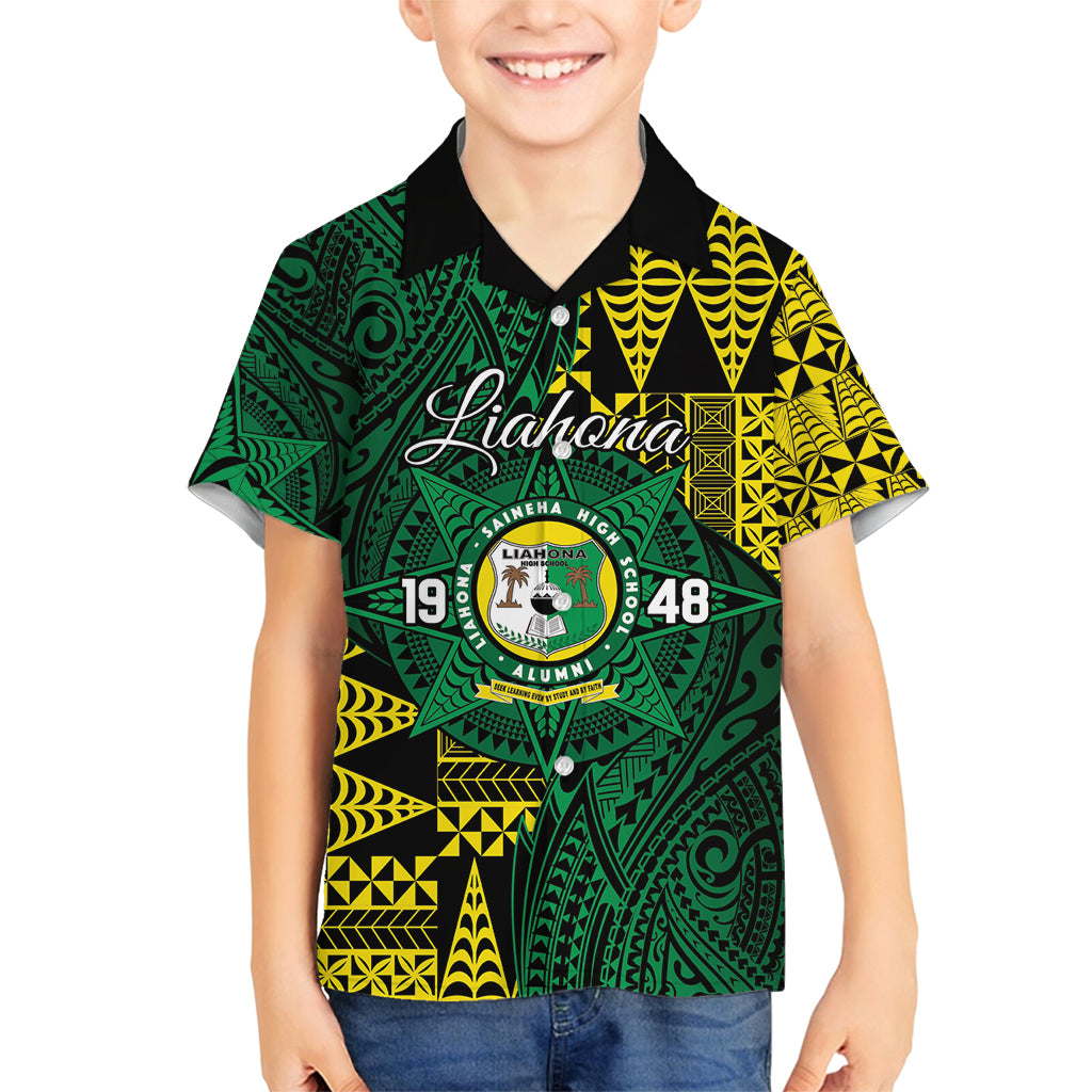 Personalised Tonga Liahona High School Family Matching Off Shoulder Maxi Dress and Hawaiian Shirt Since 1948 Special Kupesi Pattern