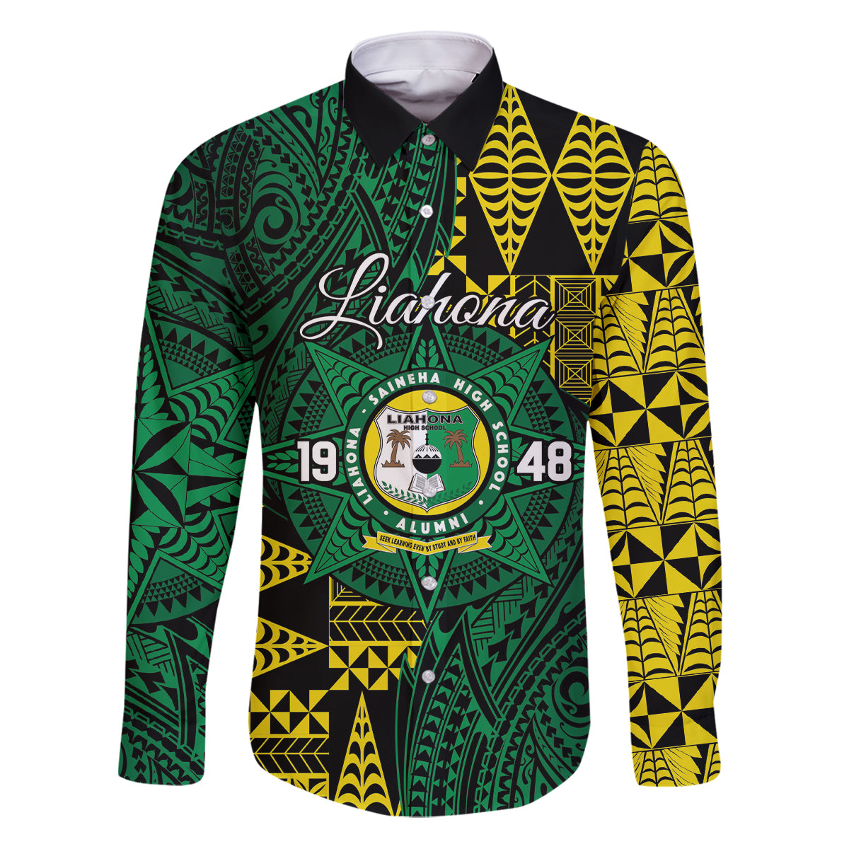 Personalised Tonga Liahona High School Family Matching Puletasi and Hawaiian Shirt Since 1948 Special Kupesi Pattern LT9 Dad's Shirt - Long Sleeve Green - Polynesian Pride