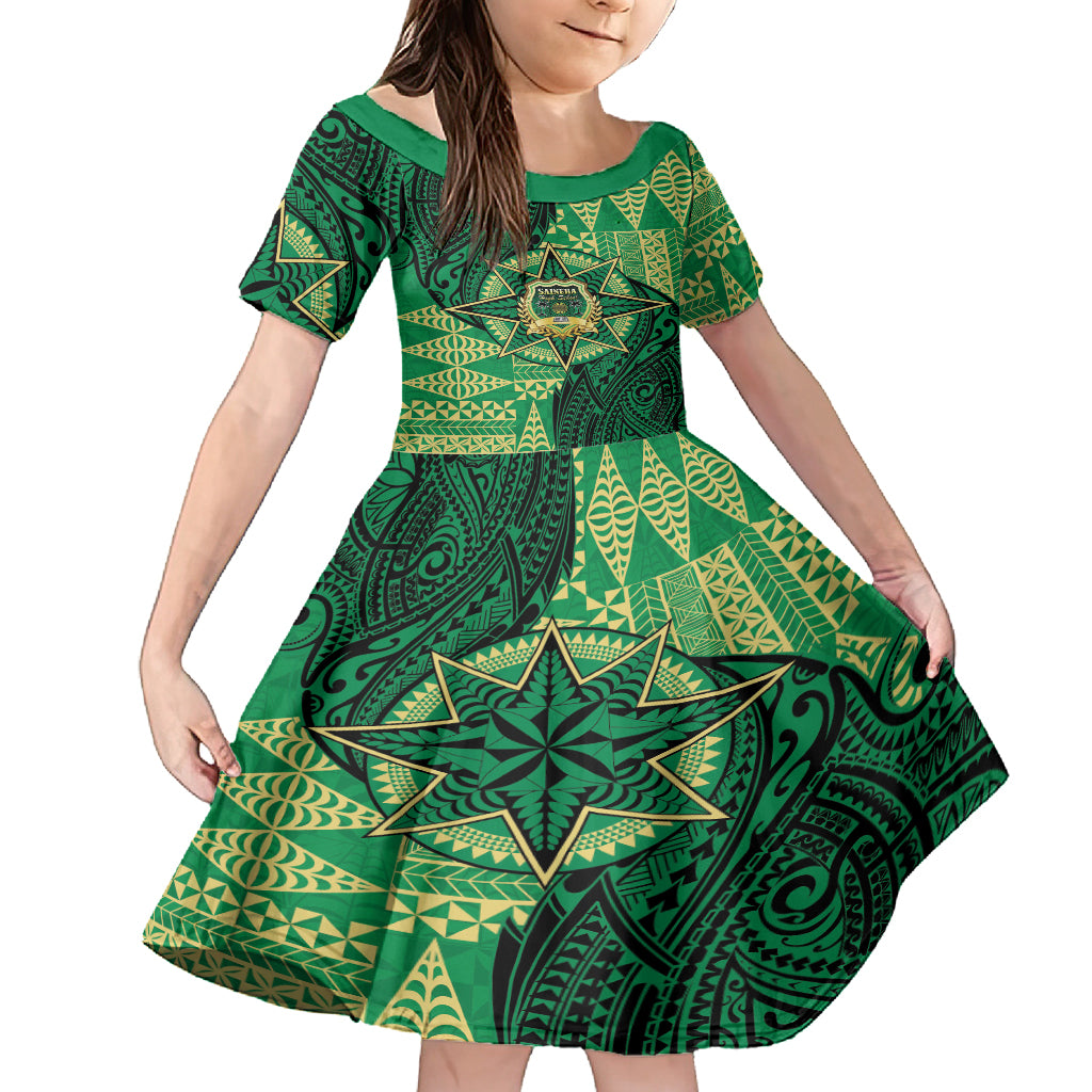 Personalised Tonga Saineha High School Family Matching Long Sleeve Bodycon Dress and Hawaiian Shirt Since 1978 Special Kupesi Pattern LT9 Daughter's Dress Green - Polynesian Pride