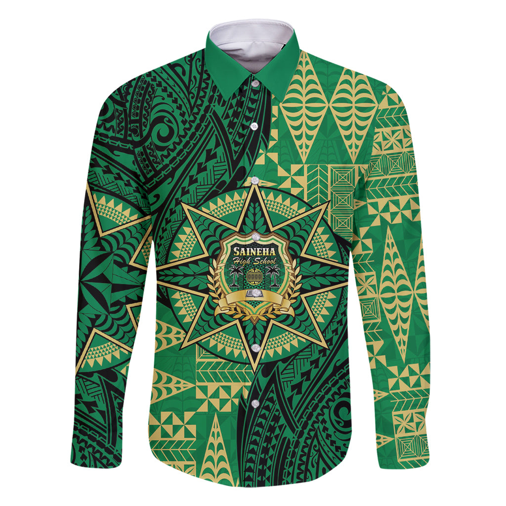 Personalised Tonga Saineha High School Family Matching Long Sleeve Bodycon Dress and Hawaiian Shirt Since 1978 Special Kupesi Pattern LT9 Dad's Shirt - Long Sleeve Green - Polynesian Pride