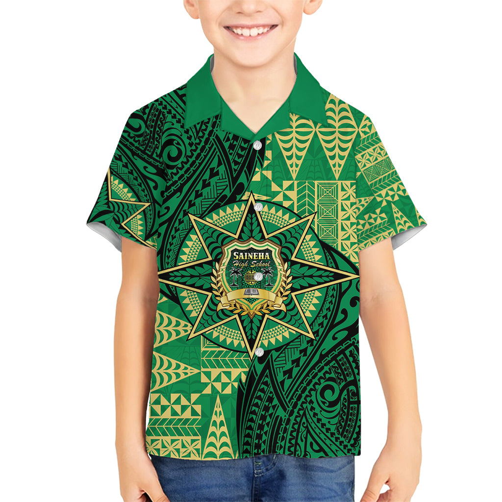 Personalised Tonga Saineha High School Family Matching Long Sleeve Bodycon Dress and Hawaiian Shirt Since 1978 Special Kupesi Pattern LT9 Son's Shirt Green - Polynesian Pride
