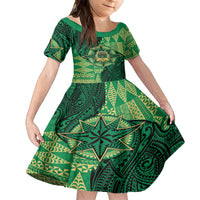 Personalised Tonga Saineha High School Family Matching Off The Shoulder Long Sleeve Dress and Hawaiian Shirt Since 1978 Special Kupesi Pattern LT9 Daughter's Dress Green - Polynesian Pride