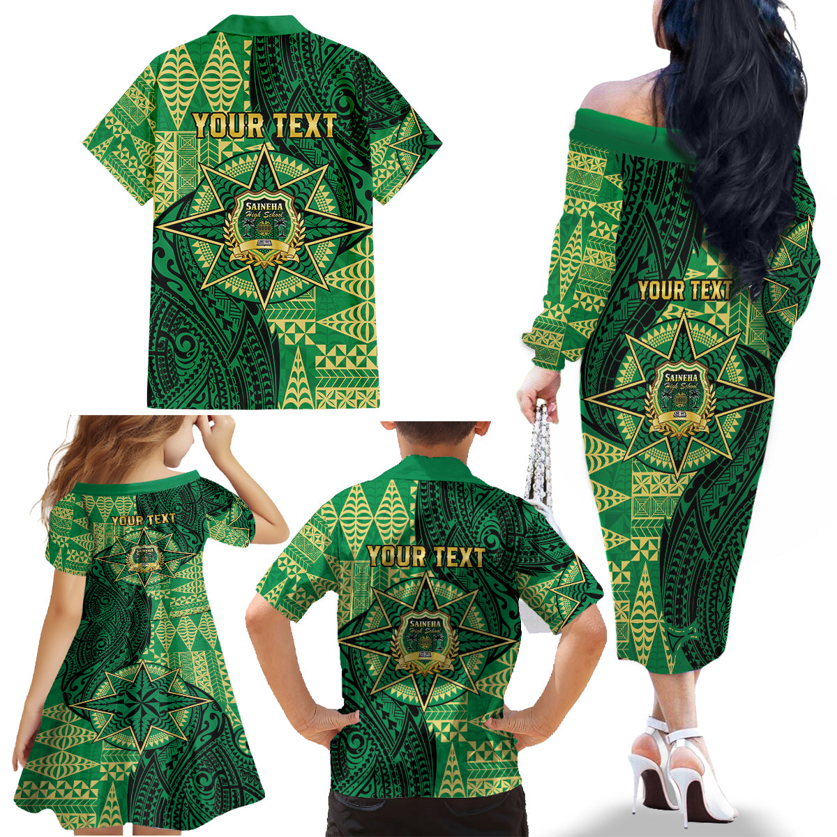 Personalised Tonga Saineha High School Family Matching Off The Shoulder Long Sleeve Dress and Hawaiian Shirt Since 1978 Special Kupesi Pattern LT9 - Polynesian Pride