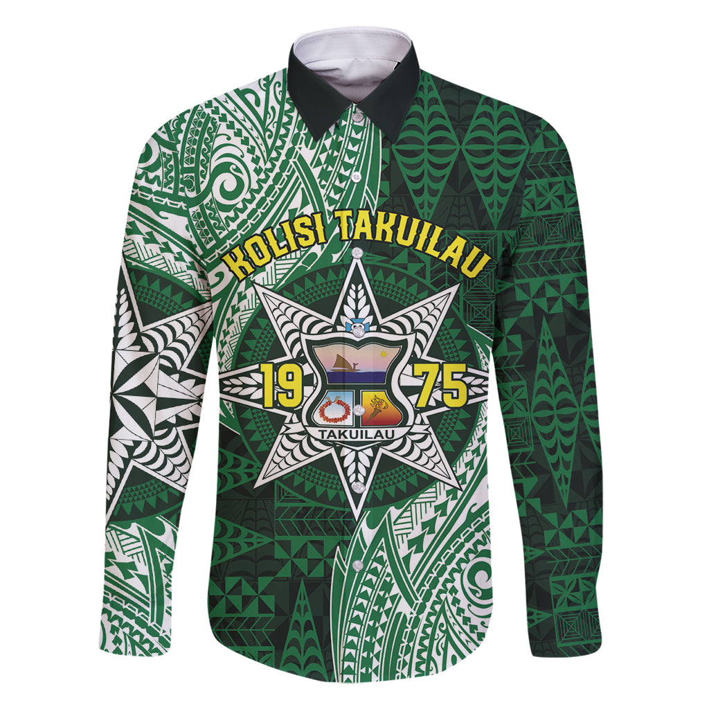 Personalised Tonga Takuilau College Family Matching Mermaid Dress and Hawaiian Shirt Since 1975 Special Kupesi Pattern LT9 Dad's Shirt - Long Sleeve Green - Polynesian Pride