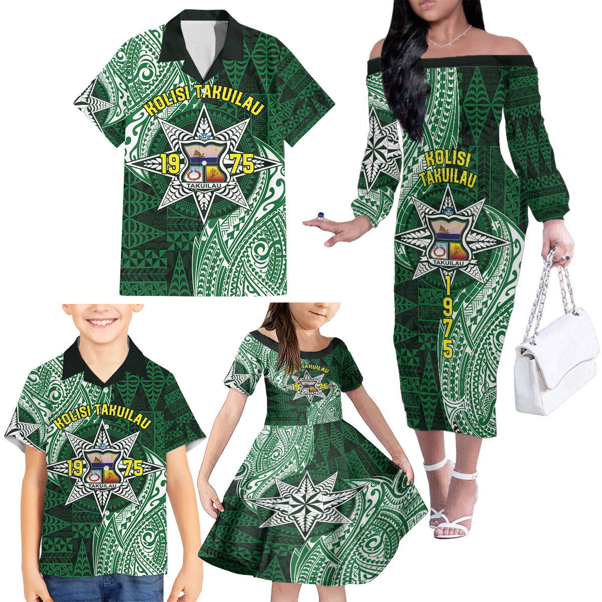 Personalised Tonga Takuilau College Family Matching Off The Shoulder Long Sleeve Dress and Hawaiian Shirt Since 1975 Special Kupesi Pattern LT9 - Polynesian Pride