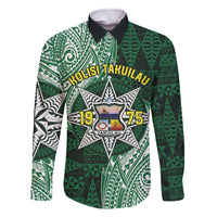 Personalised Tonga Takuilau College Family Matching Off Shoulder Maxi Dress and Hawaiian Shirt Since 1975 Special Kupesi Pattern LT9 Dad's Shirt - Long Sleeve Green - Polynesian Pride