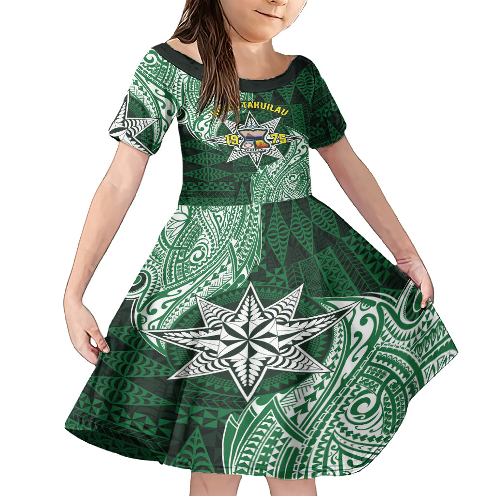 Personalised Tonga Takuilau College Family Matching Short Sleeve Bodycon Dress and Hawaiian Shirt Since 1975 Special Kupesi Pattern LT9 Daughter's Dress Green - Polynesian Pride