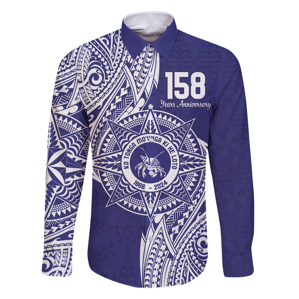 Personalised Tonga Tupou College Tolo 158th Anniversary Family Matching Long Sleeve Bodycon Dress and Hawaiian Shirt Special Kupesi Pattern LT9 Dad's Shirt - Long Sleeve Blue - Polynesian Pride