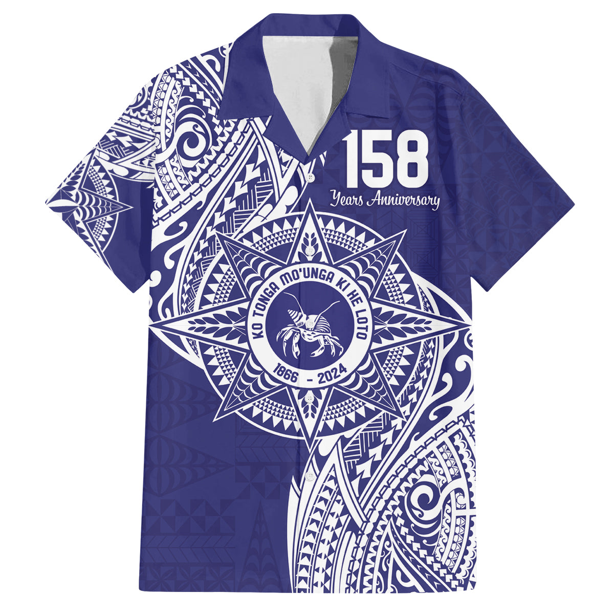 Personalised Tonga Tupou College Tolo 158th Anniversary Family Matching Off The Shoulder Long Sleeve Dress and Hawaiian Shirt Special Kupesi Pattern LT9 Dad's Shirt - Short Sleeve Blue - Polynesian Pride