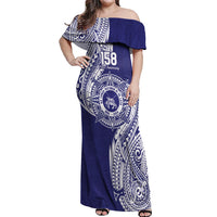 Personalised Tonga Tupou College Tolo 158th Anniversary Off Shoulder Maxi Dress Special Kupesi Pattern LT9 Women Blue - Polynesian Pride