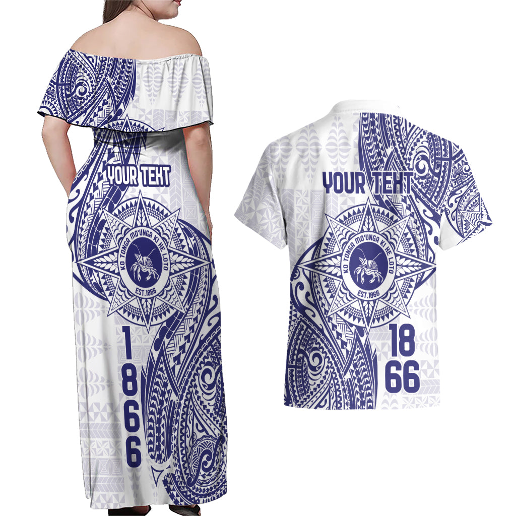 Personalised Tonga Tupou College Tolo Couples Matching Off Shoulder Maxi Dress and Hawaiian Shirt Since 1866 Special Kupesi Pattern