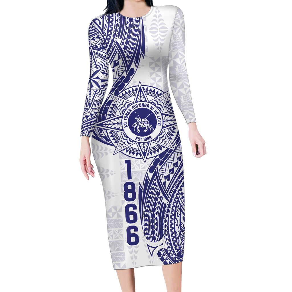 Personalised Tonga Tupou College Tolo Family Matching Long Sleeve Bodycon Dress and Hawaiian Shirt Since 1866 Special Kupesi Pattern LT9 Mom's Dress White - Polynesian Pride