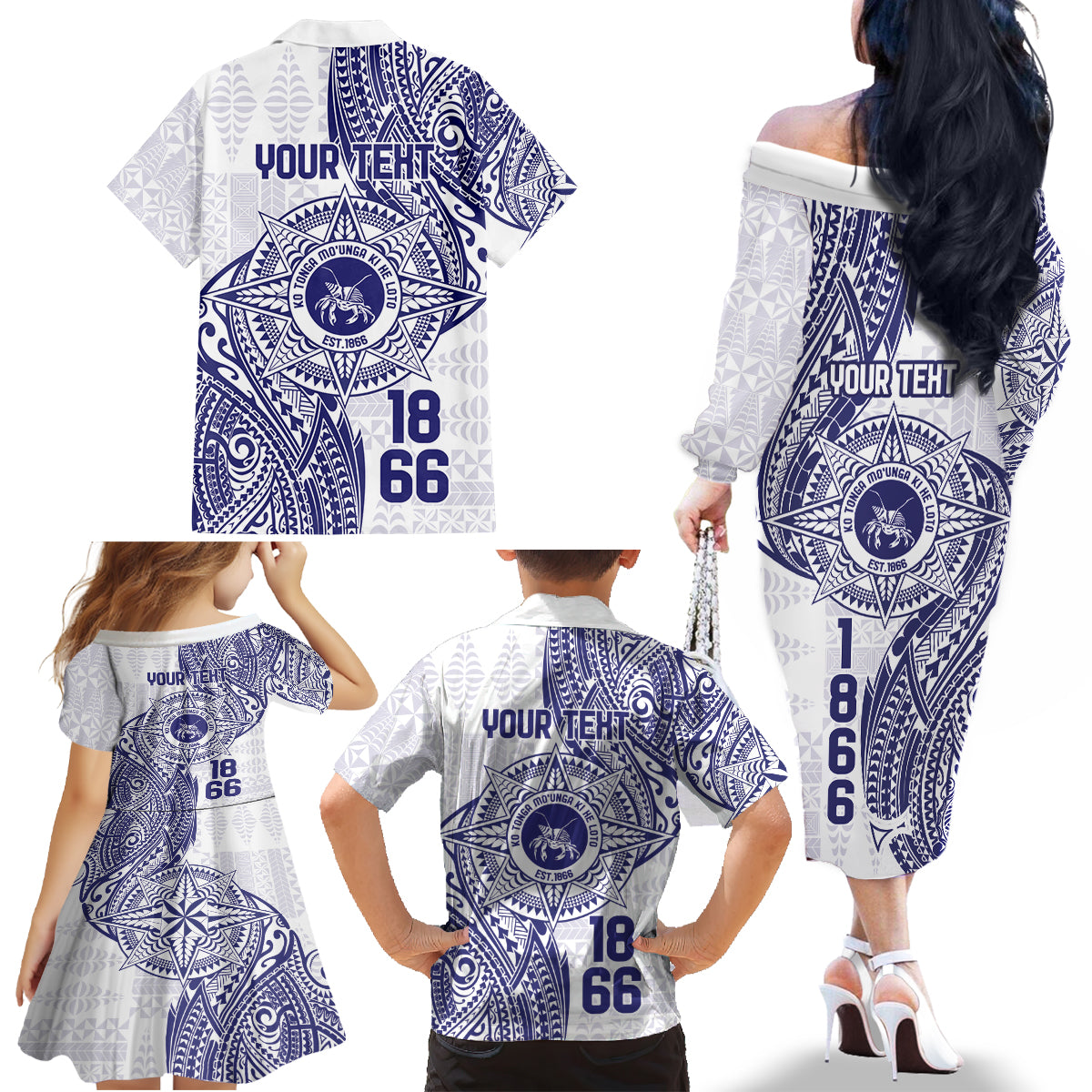 Personalised Tonga Tupou College Tolo Family Matching Off The Shoulder Long Sleeve Dress and Hawaiian Shirt Since 1866 Special Kupesi Pattern LT9 - Polynesian Pride