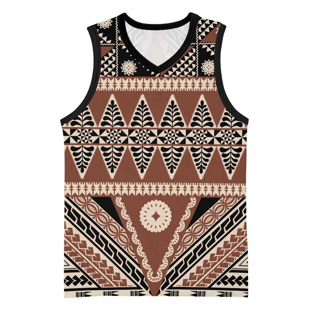 Vintage Bula Fiji Basketball Jersey Brown Tapa Masi Motif - Polynesian Pride