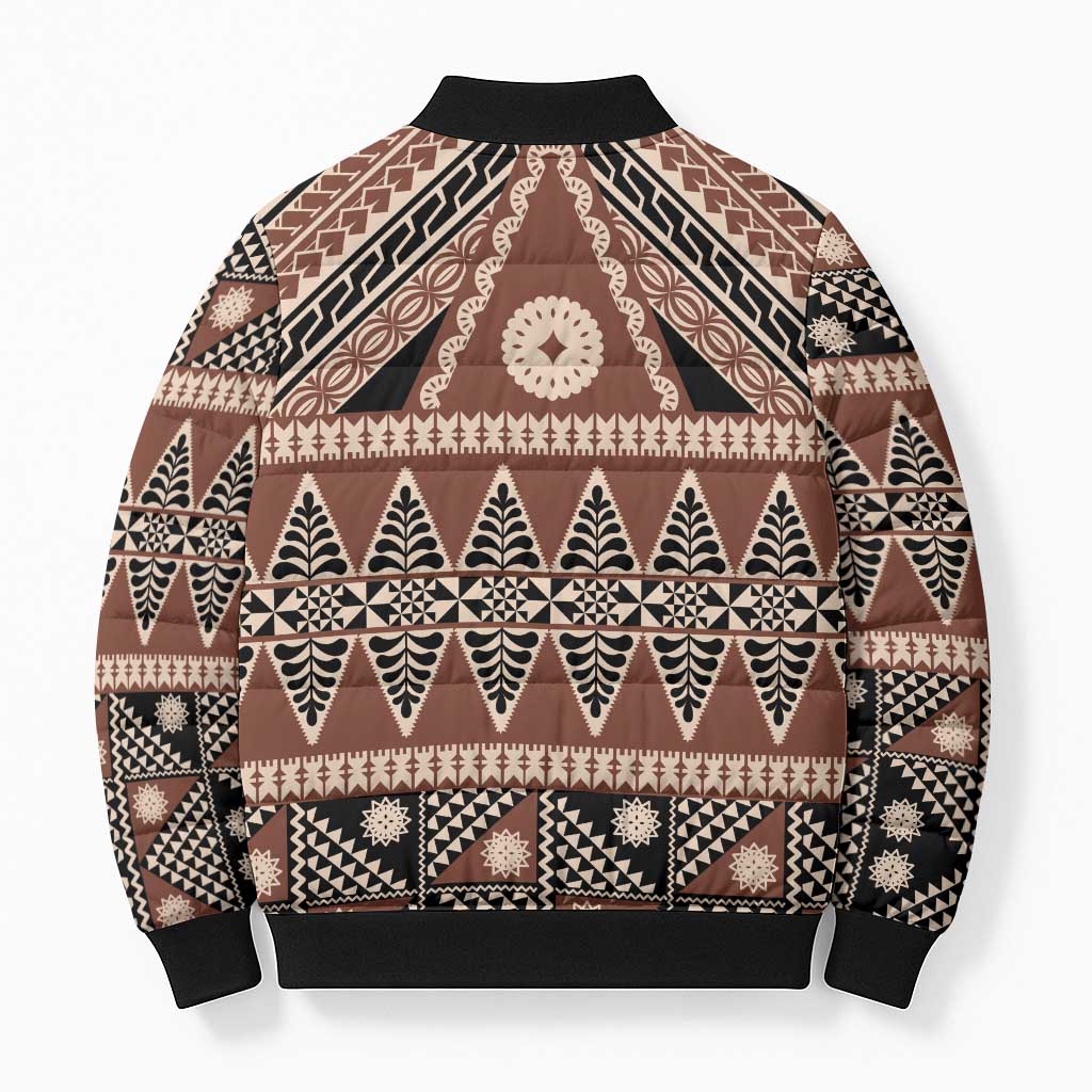 Vintage Bula Fiji Bomber Puffer Jacket Brown Tapa Masi Motif - Polynesian Pride