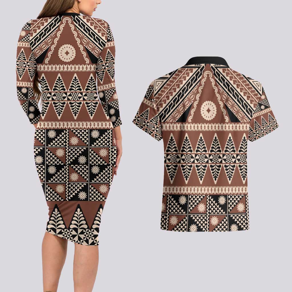 Vintage Bula Fiji Couples Matching Long Sleeve Bodycon Dress and Hawaiian Shirt Brown Tapa Masi Motif LT9 - Polynesian Pride