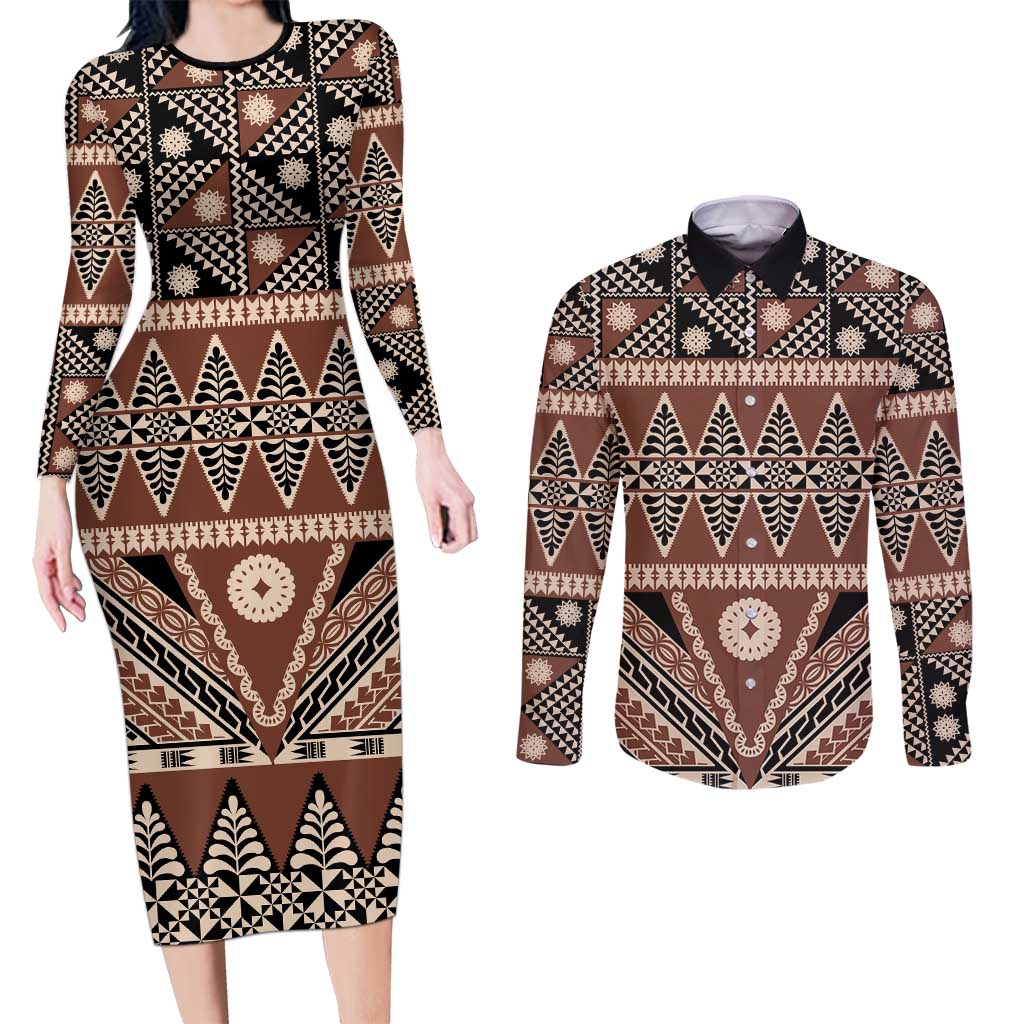 Vintage Bula Fiji Couples Matching Long Sleeve Bodycon Dress and Long Sleeve Button Shirt Brown Tapa Masi Motif LT9 Brown - Polynesian Pride