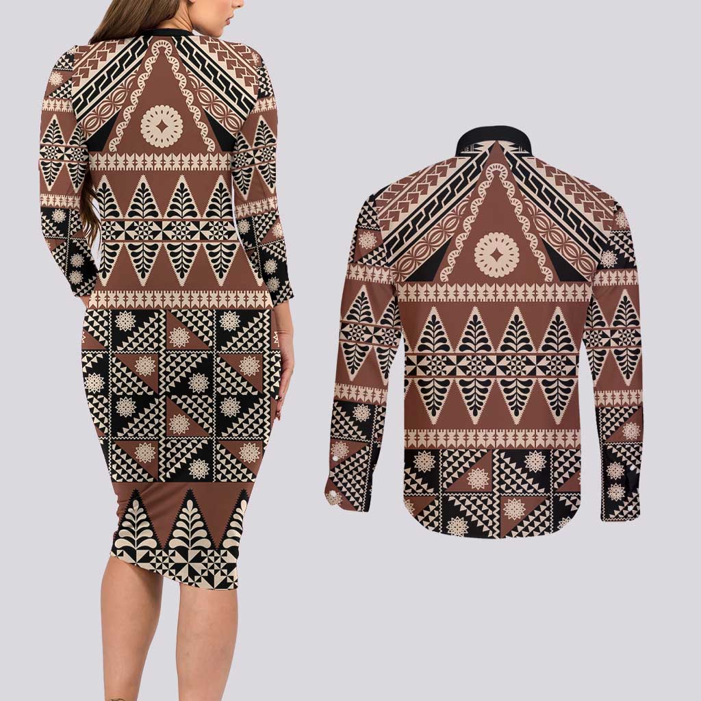 Vintage Bula Fiji Couples Matching Long Sleeve Bodycon Dress and Long Sleeve Button Shirt Brown Tapa Masi Motif LT9 - Polynesian Pride