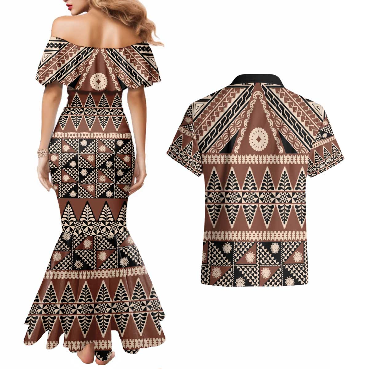 Vintage Bula Fiji Couples Matching Mermaid Dress and Hawaiian Shirt Brown Tapa Masi Motif LT9 - Polynesian Pride