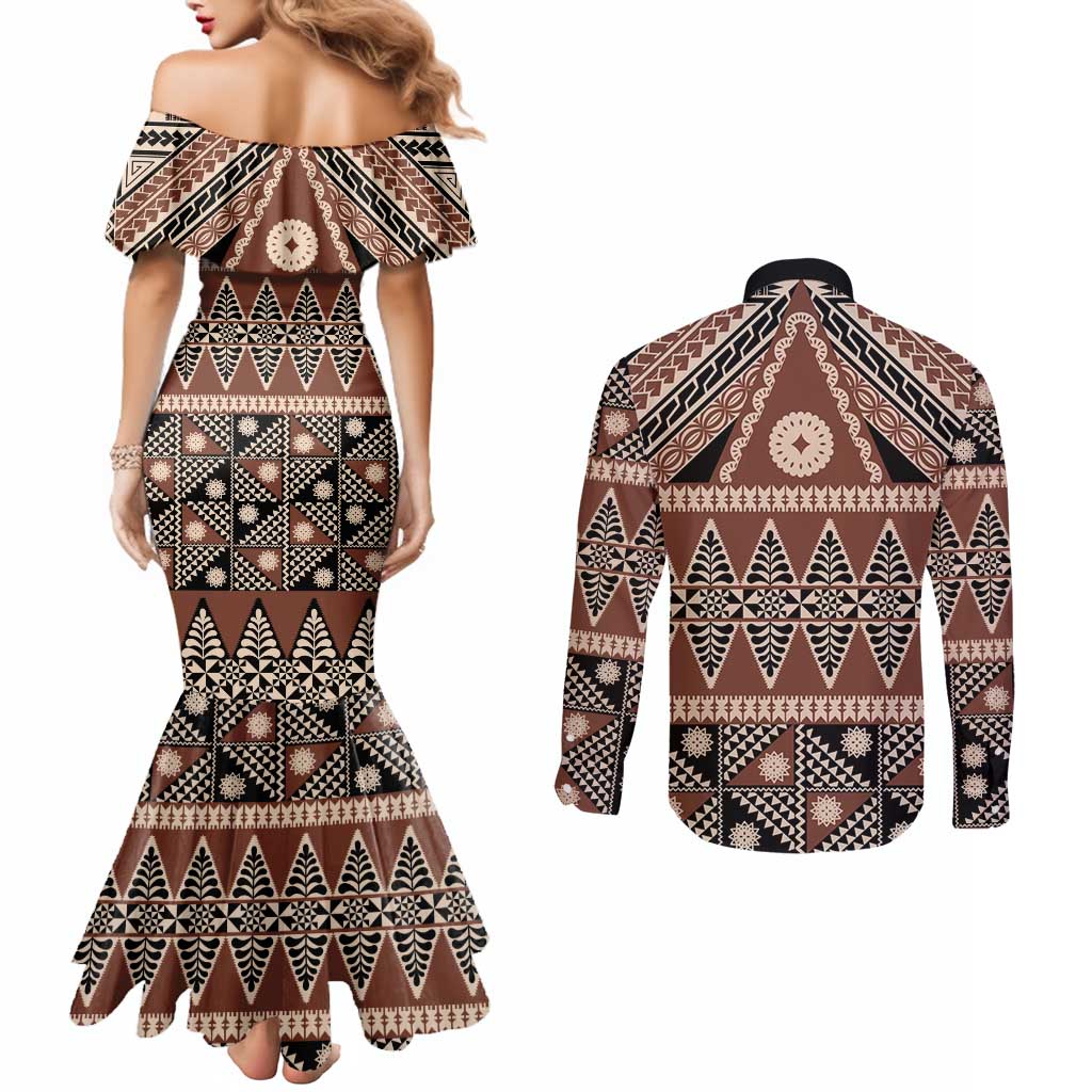 Vintage Bula Fiji Couples Matching Mermaid Dress and Long Sleeve Button Shirt Brown Tapa Masi Motif