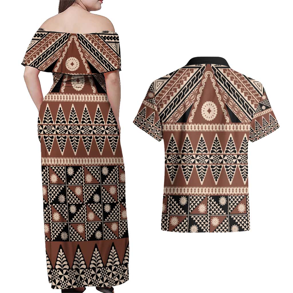 Vintage Bula Fiji Couples Matching Off Shoulder Maxi Dress and Hawaiian Shirt Brown Tapa Masi Motif LT9 - Polynesian Pride
