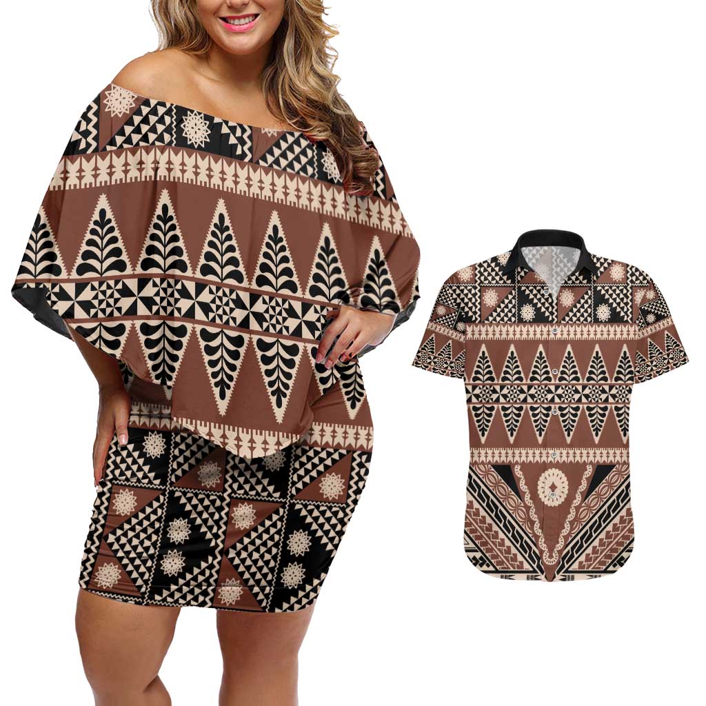 Vintage Bula Fiji Couples Matching Off Shoulder Short Dress and Hawaiian Shirt Brown Tapa Masi Motif LT9 Brown - Polynesian Pride