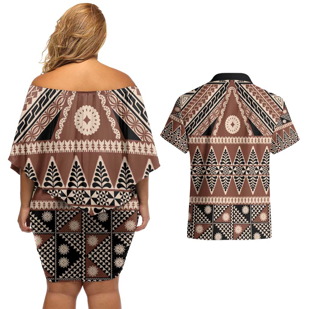 Vintage Bula Fiji Couples Matching Off Shoulder Short Dress and Hawaiian Shirt Brown Tapa Masi Motif LT9 - Polynesian Pride