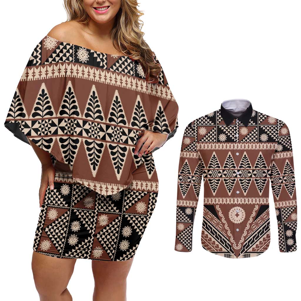 Vintage Bula Fiji Couples Matching Off Shoulder Short Dress and Long Sleeve Button Shirt Brown Tapa Masi Motif