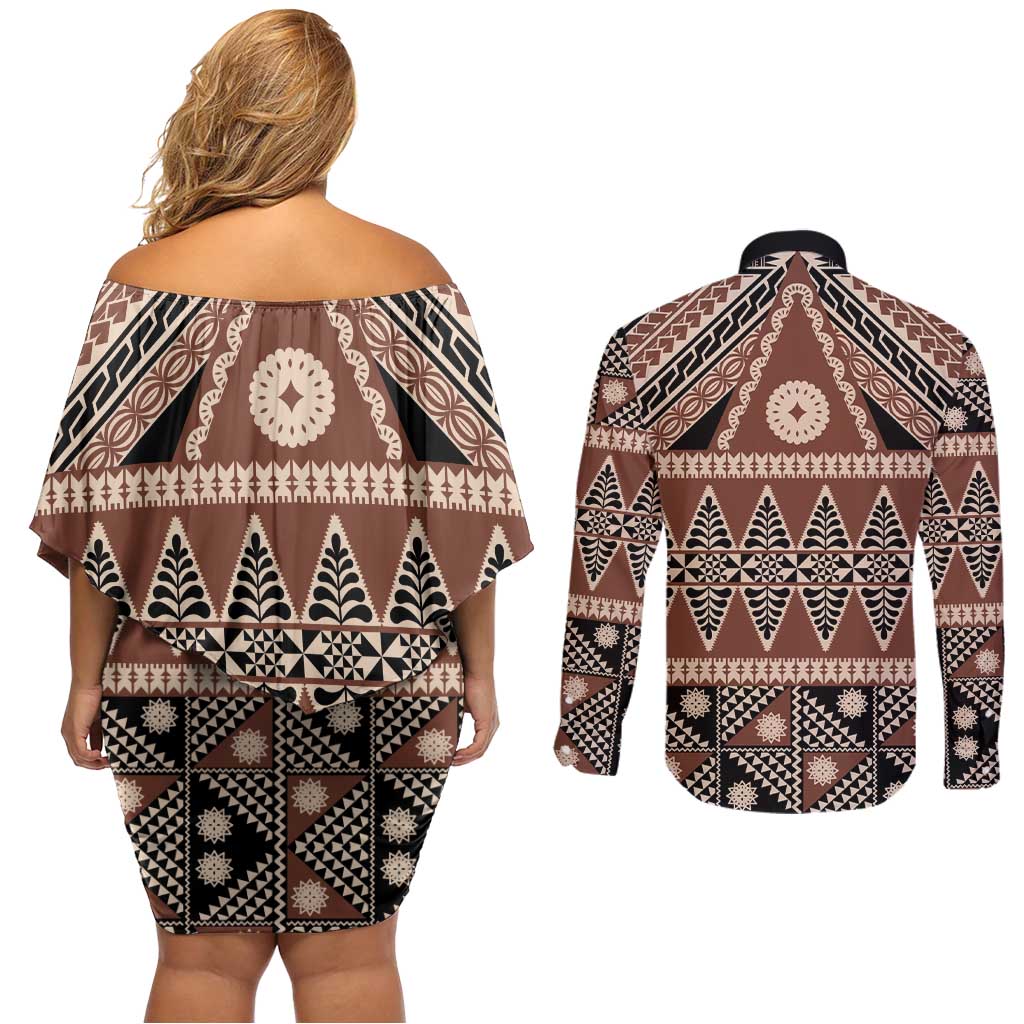 Vintage Bula Fiji Couples Matching Off Shoulder Short Dress and Long Sleeve Button Shirt Brown Tapa Masi Motif