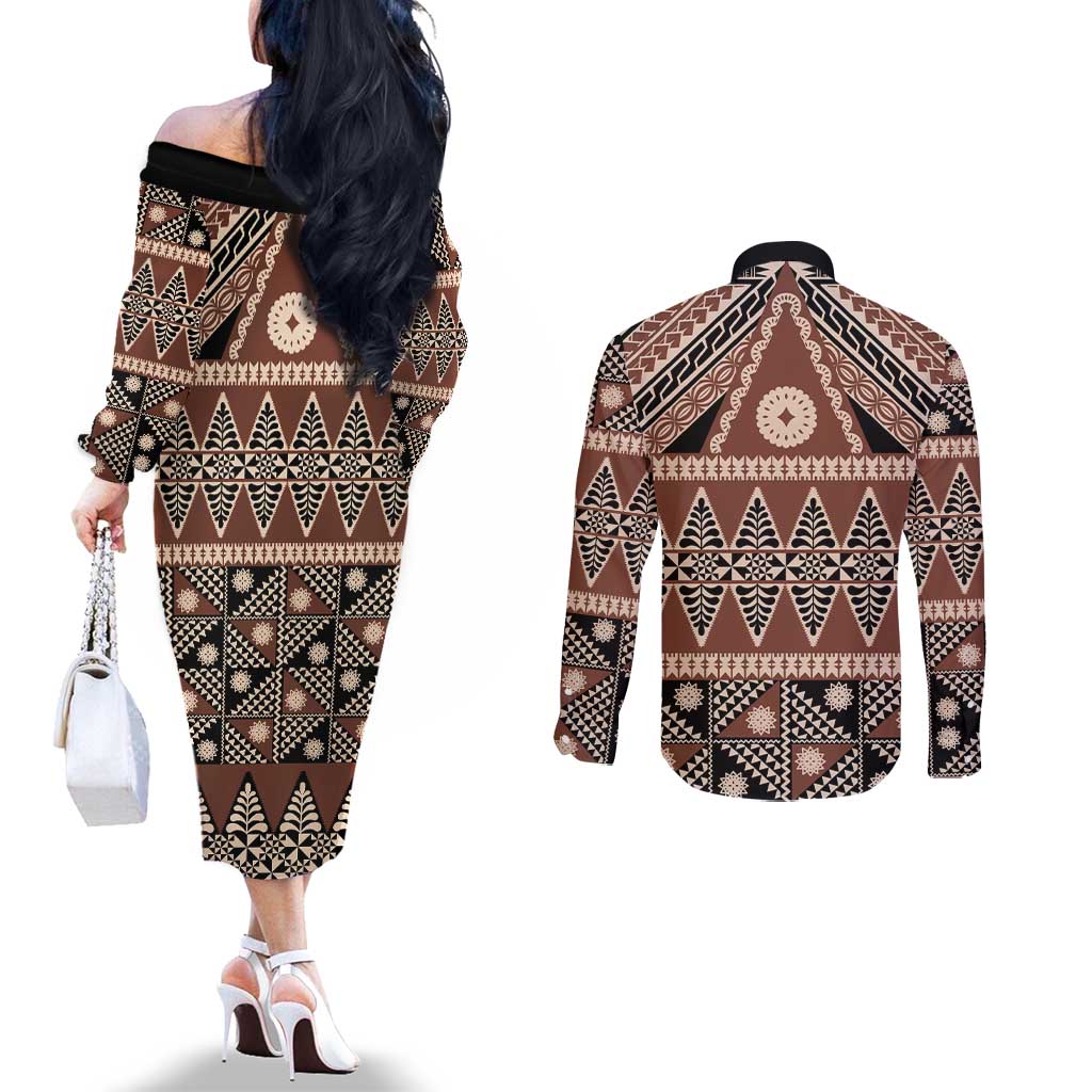 Vintage Bula Fiji Couples Matching Off The Shoulder Long Sleeve Dress and Long Sleeve Button Shirt Brown Tapa Masi Motif LT9 - Polynesian Pride