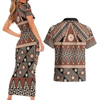 Vintage Bula Fiji Couples Matching Short Sleeve Bodycon Dress and Hawaiian Shirt Brown Tapa Masi Motif LT9 - Polynesian Pride