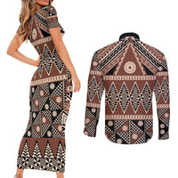 Vintage Bula Fiji Couples Matching Short Sleeve Bodycon Dress and Long Sleeve Button Shirt Brown Tapa Masi Motif LT9 - Polynesian Pride