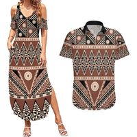 Vintage Bula Fiji Couples Matching Summer Maxi Dress and Hawaiian Shirt Brown Tapa Masi Motif LT9 Brown - Polynesian Pride