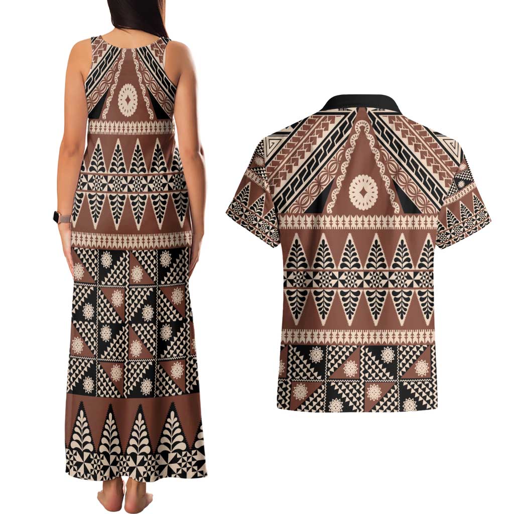 Vintage Bula Fiji Couples Matching Tank Maxi Dress and Hawaiian Shirt Brown Tapa Masi Motif LT9 - Polynesian Pride