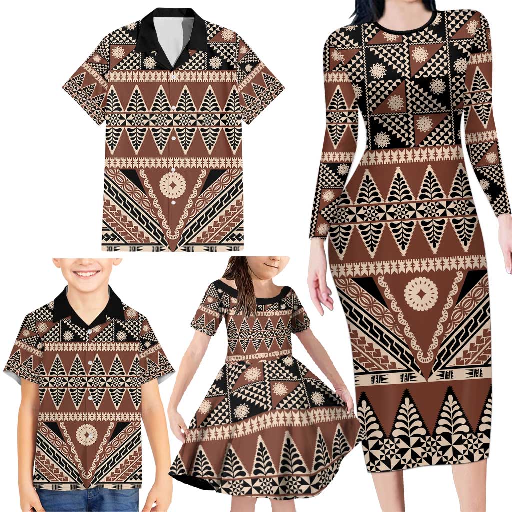 Vintage Bula Fiji Family Matching Long Sleeve Bodycon Dress and Hawaiian Shirt Brown Tapa Masi Motif LT9 - Polynesian Pride