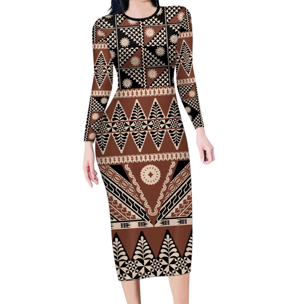 Vintage Bula Fiji Family Matching Long Sleeve Bodycon Dress and Hawaiian Shirt Brown Tapa Masi Motif LT9 Mom's Dress Brown - Polynesian Pride