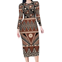 Vintage Bula Fiji Family Matching Long Sleeve Bodycon Dress and Hawaiian Shirt Brown Tapa Masi Motif LT9 Mom's Dress Brown - Polynesian Pride
