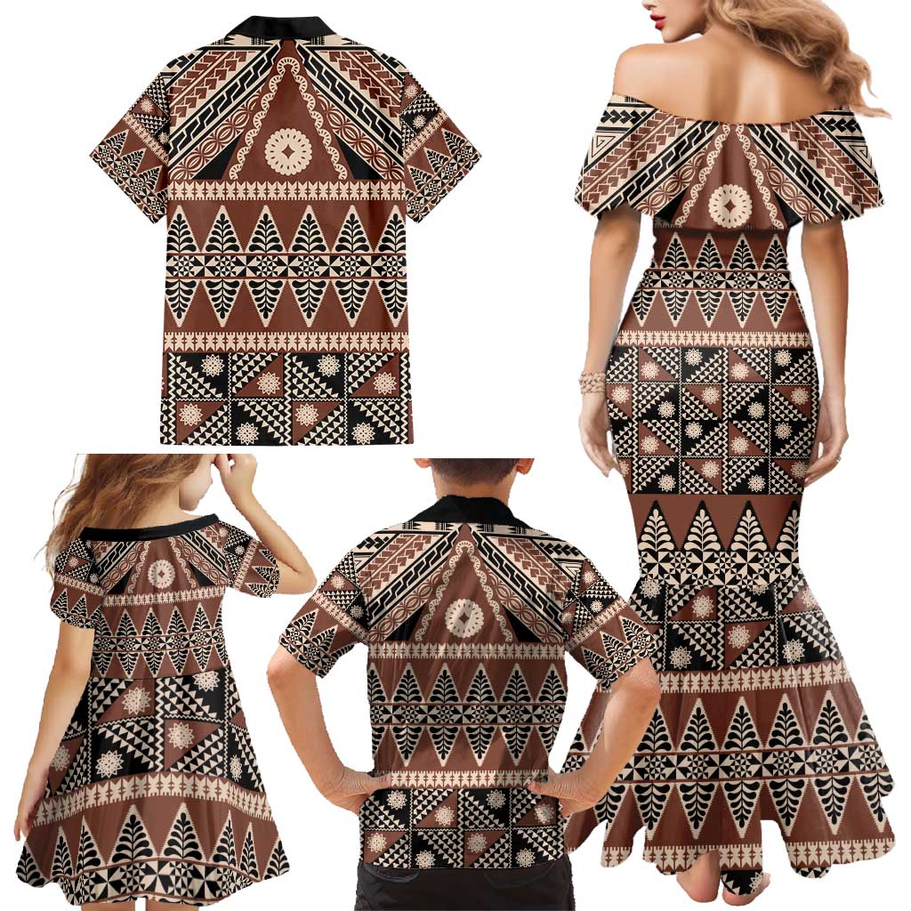 Vintage Bula Fiji Family Matching Mermaid Dress and Hawaiian Shirt Brown Tapa Masi Motif LT9 - Polynesian Pride