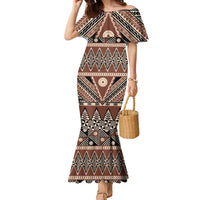 Vintage Bula Fiji Family Matching Mermaid Dress and Hawaiian Shirt Brown Tapa Masi Motif LT9 Mom's Dress Brown - Polynesian Pride
