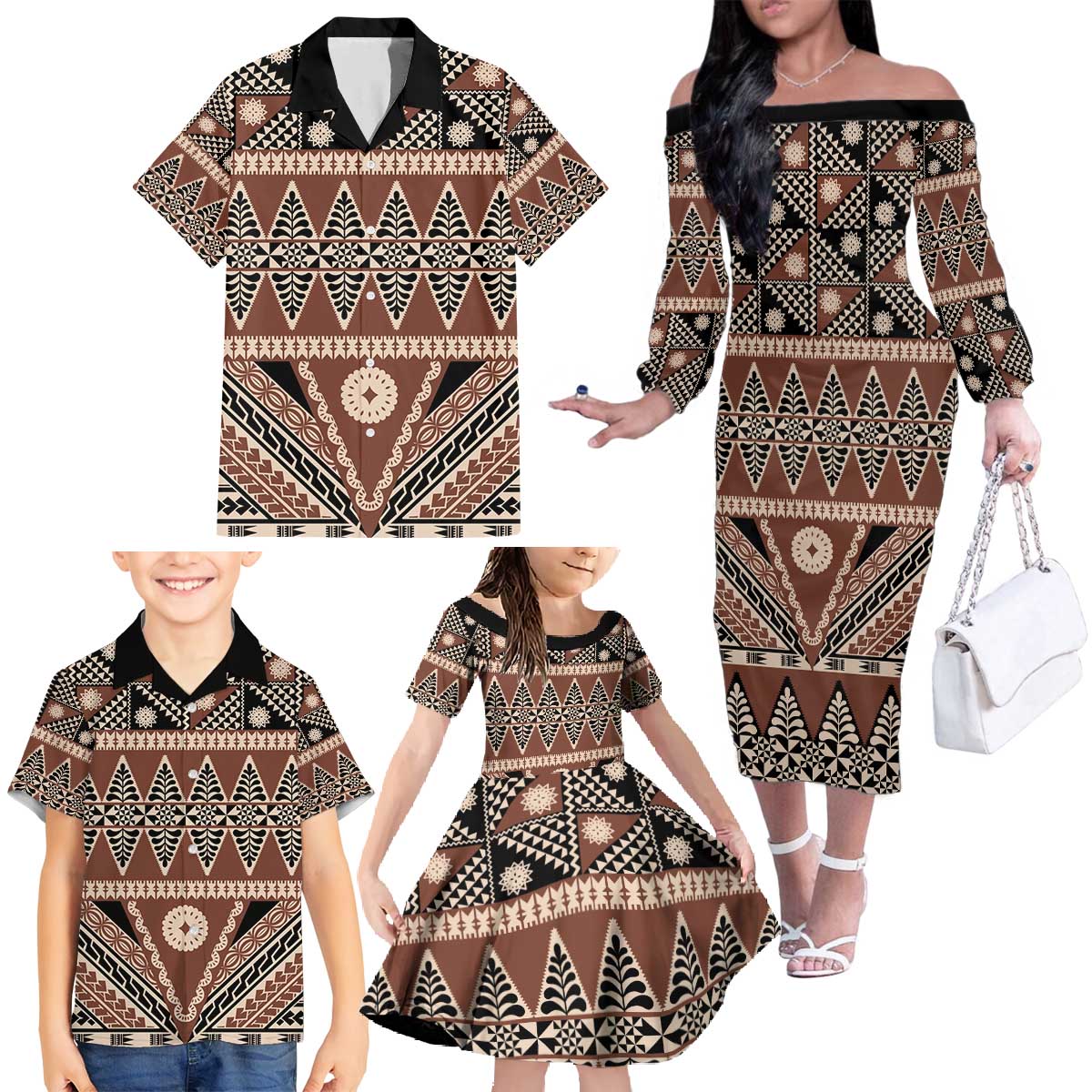 Vintage Bula Fiji Family Matching Off The Shoulder Long Sleeve Dress and Hawaiian Shirt Brown Tapa Masi Motif LT9 - Polynesian Pride