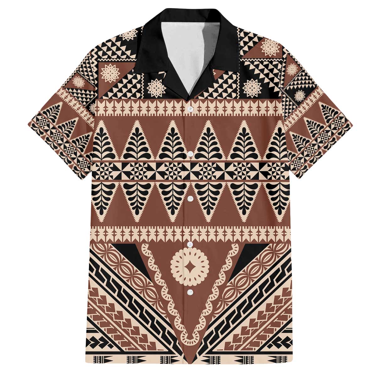 Vintage Bula Fiji Family Matching Off The Shoulder Long Sleeve Dress and Hawaiian Shirt Brown Tapa Masi Motif LT9 Dad's Shirt - Short Sleeve Brown - Polynesian Pride